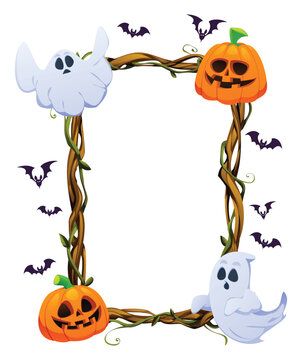 Spooky Halloween frame with pumpkins, floating ghosts, bats, and wooden branch border. Vector cartoon illustration