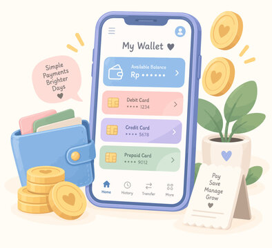 Digital wallet mobile application with cards, coins and receipt for online banking and financial management concept