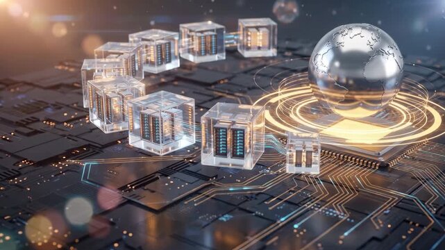 Advanced technology concept showing glowing cubes linked together in chain formation processing data across circuit board pathways while shiny silver globe rotates above microchip processor.