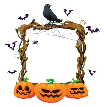 Spooky Halloween border frame with crow raven, web spider, pumpkins, and flying bats. Vector cartoon illustration