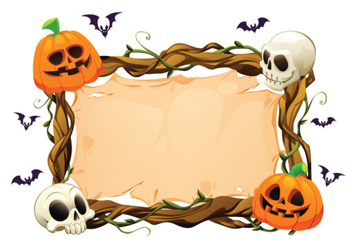 Spooky Halloween parchment border frame with skulls carved pumpkins and flying bats. Vector cartoon illustration