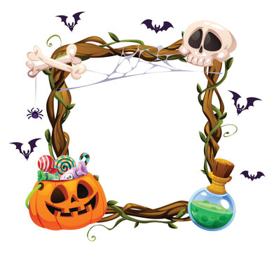 Spooky Halloween frame with skull, candy pumpkin, bucket, magic potion, spider, and bats. Vector cartoon illustration