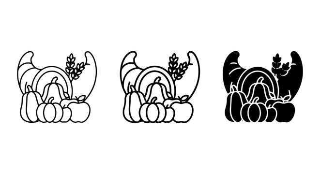 Thanksgiving Cornucopia Vector Icons: Harvest Bounty, Autumn Symbols, Seasonal Celebration