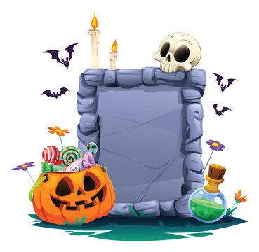 Spooky Halloween stone frame board decorated with skull, pumpkin bucket, potion, bats. Vector cartoon illustration