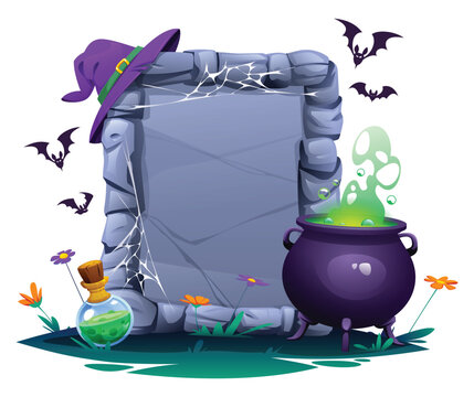 Spooky Halloween stone frame border with magic cauldron, witch hat, potion. Vector cartoon illustration