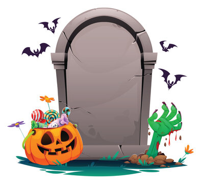 Halloween tombstone frame with zombie hand rising, pumpkin bucket, and bats. Vector cartoon illustration