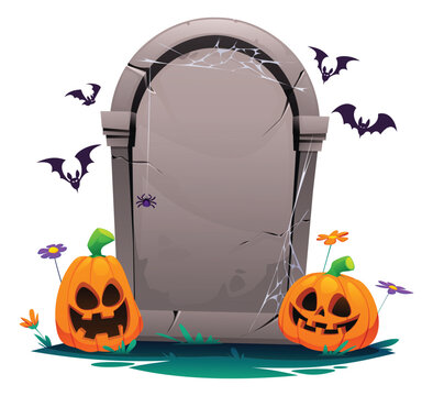 Spooky Halloween tombstone frame with jack o lanterns, spider, and bats. Vector cartoon illustration