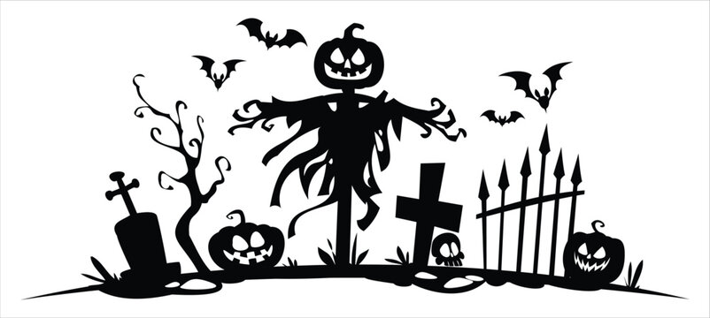 Spooky scarecrow silhouette in graveyard with pumpkins, flying bats, cross tombstone, skull, fence. Vector cartoon illustration
