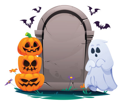 Halloween tombstone frame with spooky ghost, stacked pumpkins, and bats. Vector cartoon illustration