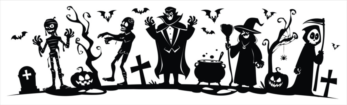 Classic Halloween monsters silhouette including mummy, zombie, vampire, witch, grim reaper. Vector cartoon illustration