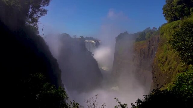 Victoria Falls, waterfalls on the border between Zambia and Zimbabwe. View into the gorge at Victoria Falls, Zimbabwe
