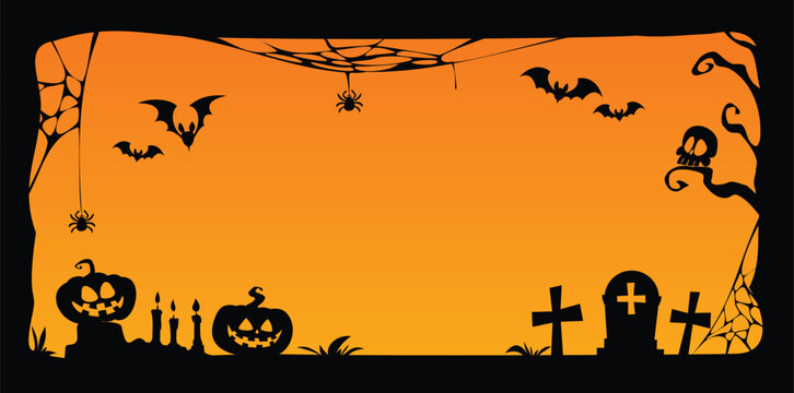 Spooky Halloween border silhouette with spider web, pumpkins, bats, tombstones, candles. Vector cartoon illustration