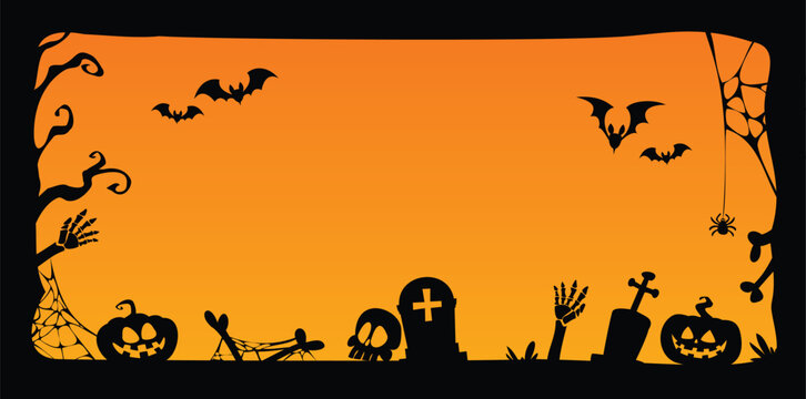 Halloween background border silhouette with skeleton hands, tombstones, spider web, pumpkins. Vector cartoon illustration