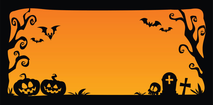 Spooky Halloween border silhouette with pumpkins, grave tombstones, skull, bats, spooky trees. Vector cartoon illustration