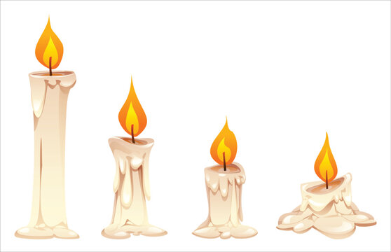 Set of burning wax candles with melting wax and bright glowing flames isolated. Vector cartoon illustration