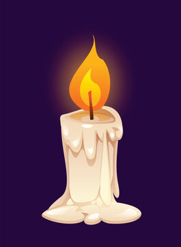 Burning short wax candle with wax drips on dark background. Vector cartoon illustration