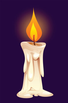 Burning medium wax candle with dripping melted wax on dark background. Vector cartoon illustration