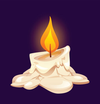 Burning melted stub wax candle on dark background. Vector cartoon illustration