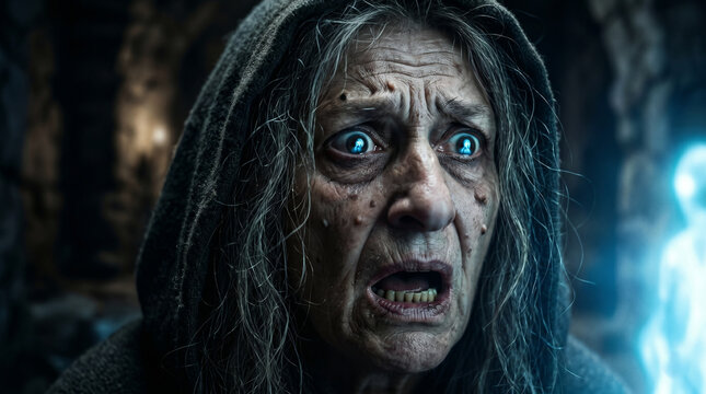 The Witch of Endor screaming in terror as the glowing, ghostly spirit of Samuel actually rises from the dirt floor of her cave
