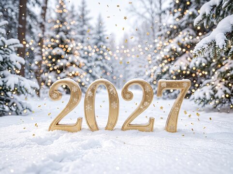 golden 2027 new year numbers in snowy winter forest