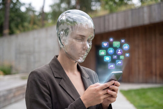 futuristic person using smartphone with social media icons