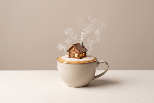 surreal tiny wooden cabin inside a cup of coffee with steam