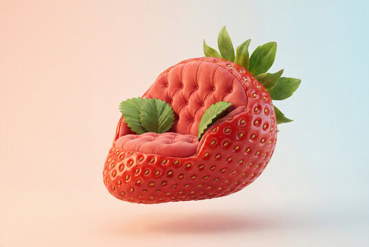 surreal strawberry armchair on soft pastel background
