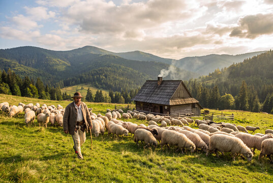 traditional shepherd with sheep in mountain pasture of podhale