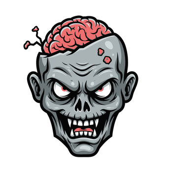 A detailed illustration of a zombie head with its brain exposed and sharp teeth bared.