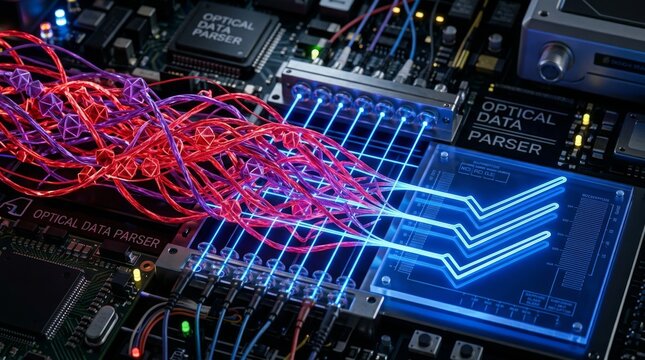Detailed macro view of optical data parser module with illuminated fiber connections with high tech