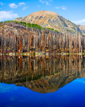 Mountain peak mirrored in a blue Cathedral Park lake