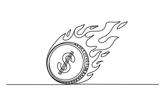 A single line drawing of a burning dollar coin moving fast with flames