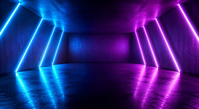 Futuristic Room Illuminated with Diagonal Blue and Purple Neon Strip Lights