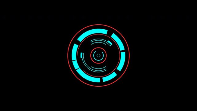 Futuristic cyan and red cyber loader where scattered elements enter from outside, converge into a single unified circular form, and then rotate together continuously.
