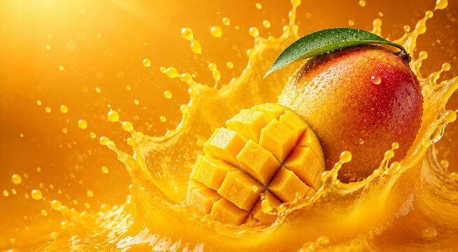 Fresh Sweet Mango Whole and Diced Splashing in Juicy Yellow Liquid