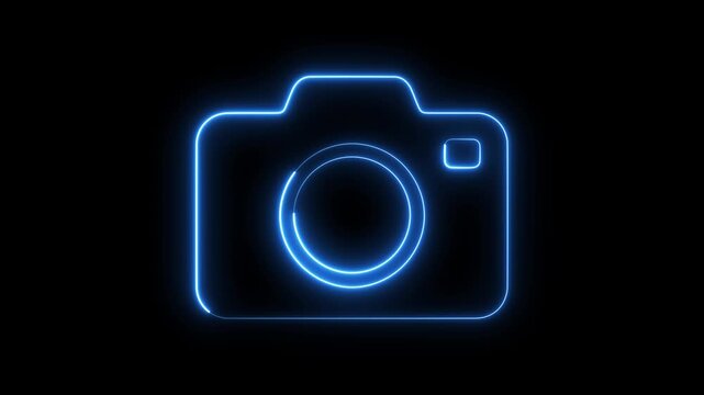 Glowing neon camera animation, digital concept, minimalist blue light outline on black background