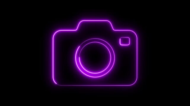 Neon purple camera animation, glowing digital symbol on black background, light