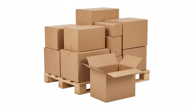 Cardboard boxes stacked on a wooden pallet ready for shipping isolated on white background
