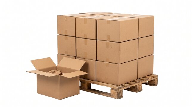 Cardboard boxes stacked neatly on a wooden pallet ready for shipping and logistics