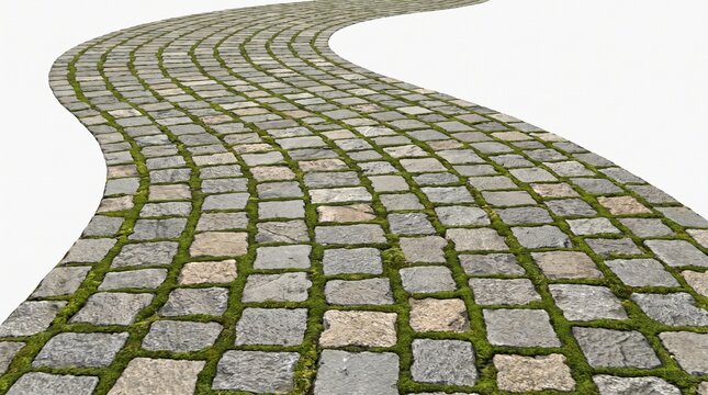 Winding cobblestone path with lush green moss in crevices isolated on white background