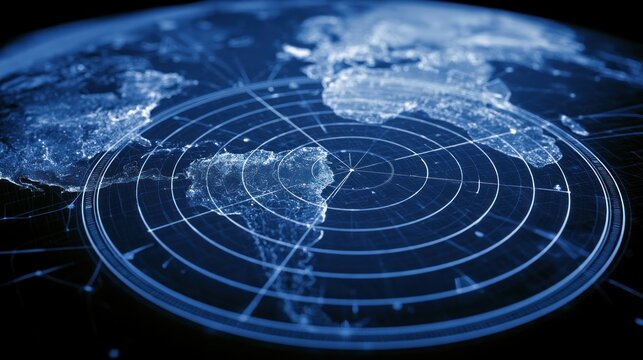 Global radar map with continents and concentric circles of data visualization
