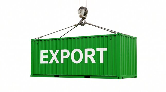 Industrial crane lifting a green shipping container with export text isolated on white background