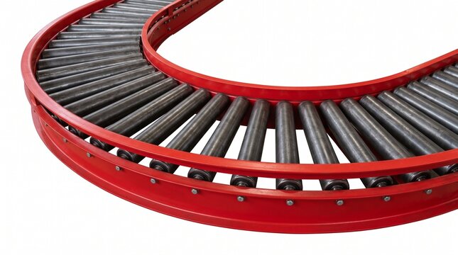 Red curved industrial roller conveyor system for warehouse logistics isolated on white background