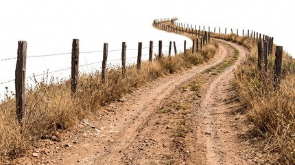Obraz premium Winding dirt track with wooden fence posts curving into the distance isolated on white background