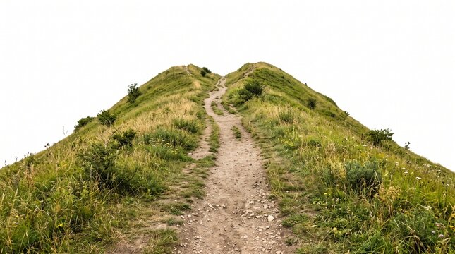 Narrow dirt path leading uphill across a grassy green ridge isolated on solid white background