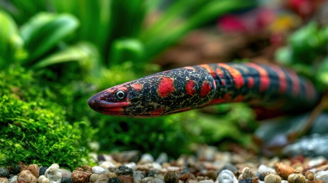 Close up of an ornate banded bichir fish with red spots in an aquarium habitat
