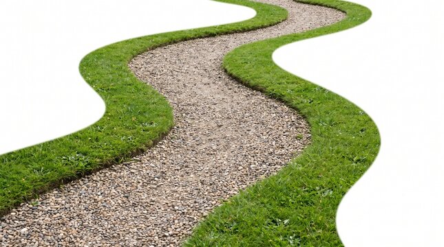 Winding gravel path with lush green grass borders isolated on white background for garden design