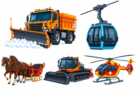 Winter Transportation Snow Plow Cable Car Sleigh Snow Cat Helicopter winter vector snow icon set win
