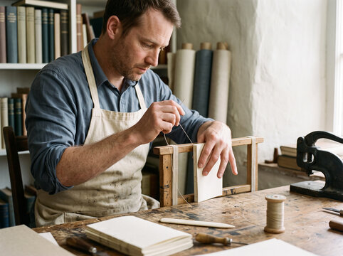 White bookbinder in his 40s stitching a book block by hand