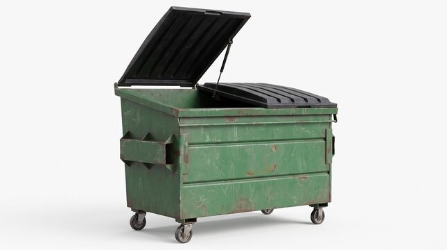 Green metal waste dumpster sitting isolated on white background with open lid and wheels